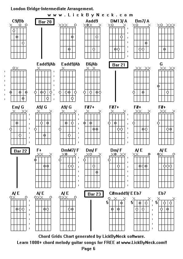 Chord Grids Chart of chord melody fingerstyle guitar song-London Bridge-Intermediate Arrangement,generated by LickByNeck software.